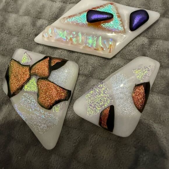 White Dichroic Art Glass Pieces – Iridescent Copper, Violet & Gold Accents - Picture 7 of 17